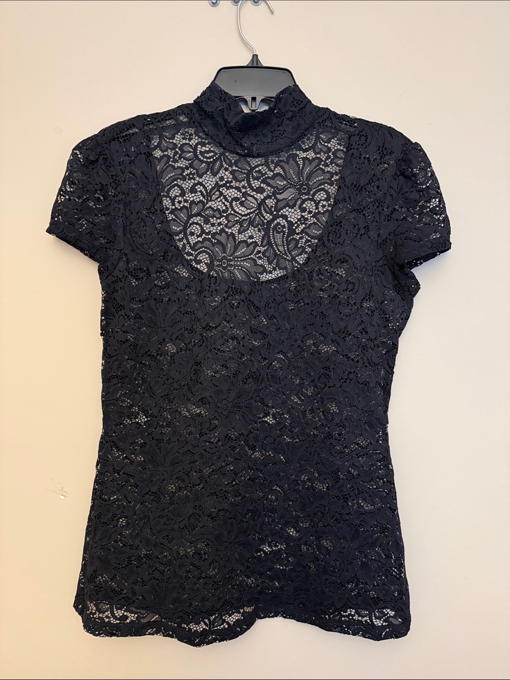 Express Black Lace Short-Sleeve Mock Neck Top